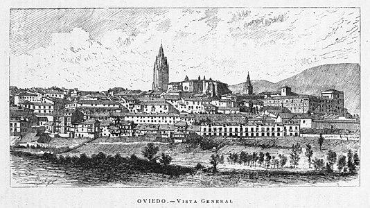 Vista general d'Oviedo. Dibuix de Josep Pascó i Mensa, 1885