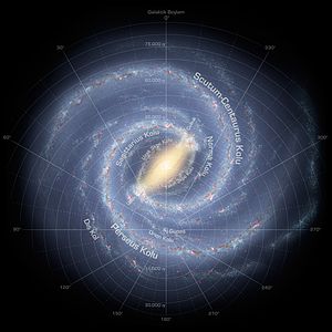 Samanyolu'nun şekli hakkındaki yaygın görüş onun bir çubuklu sarmal galaksi olduğu yönündedir. Merkezdeki çubuk şeklindeki yıldız yoğunlaşmasının iki ucundan logaritmik spiral şeklinde uzayan iki ana kol ve yardımcı kollar galaksinin şeklini oluşturur. Bu görüş ilk olarak 1990'larda gündeme gelmiş, 2005 yılında Spitzer Uzay Teleskobu'ndan alınan bilgilerle kuvvetlendirilmiştir. Güneş Sistemi bir bölgesel bir spiral kol olan Orion kolu üzerinde yer alır.(Üreten:NASA/JPL-Caltech/R. Hurt