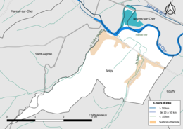 Carte en couleur présentantle réseau hydrographique de la commune