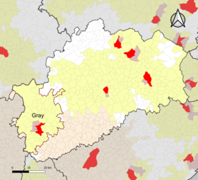 Localisation de l'aire d'attraction de Gray dans le département de la Haute-Saône.