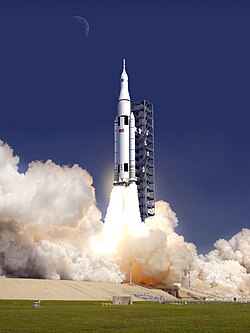 Уметничко виђење полетања СЛС Блок 1 ракете са капсулом Орион.
