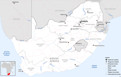 The independent country of Lesotho is completely enclaved by the country of South Africa. The country of Eswatini, to the east, is not an enclave because it borders two countries: South Africa and Mozambique. Base Map of South Africa.png