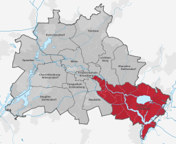 Karta över Berlins stadsdelsområden med Treptow-Köpenick rödmarkerat.