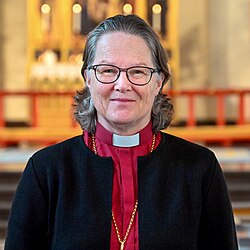 Åsa Nyström, dressed in purple bishop's shirt with tab collar, standing in front of choir of Luleå Cathedral.