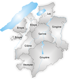 Carte représentant les sept districts du canton de Fribourg