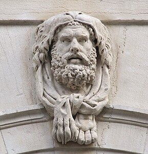 Louis XVI style Hercules mascaron on the entrance door keystone of the Hôtel du Commandant militaire, Dijon, France, designed by Charles Saint-Père, 1784-1787