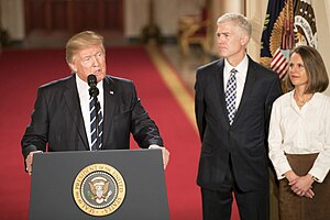 Judge Neil Gorsuch, his wife Louise, and President Donald Trump during the announcement in the East Room of the White House. Donald Trump with Neil Gorsuch 01-31-17.jpg