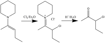 Chlorination/brominatio of enamines takes place in diethyl ether.