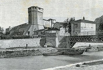 Torre Malatestiana e ponte della ferrovia (xilografia, 1898).