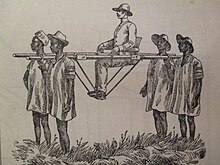 Dessin représentant quatre hommes portant une charrette à bras avec un autre homme assis dessus.