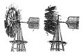 Zeichnung einer Halladay-Turbine auf Holzmastspitze, 8 Scharen zu je 10 Flügeln klappen bei Starkwind aus der Rotorebene, aus 1854, konstruiert von Daniel Halladay (* 1826 Vermont)