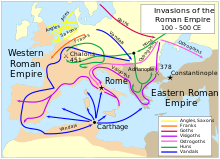 The Barbarian invasions of the 5th century were triggered by the destruction of the Gothic kingdoms by the Huns in 372-375. The city of Rome was captured and looted by the Visigoths in 410 and by the Vandals in 455. Invasions of the Roman Empire.svg