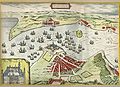 Caisleán Kronborg agus caolas Öresund sa leabhar geografach Civitates Orbis Terrarum le G. Braun agus F. Hogenberg ón mbliain 1580.