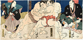 Træsnit af Utagawa Kunisada (1786-1865) dateret 1840'erne, der illustrerer to sumobrydere i aktivitet.