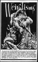 A stocky figure in heavy cloak and hat with a hand-letter paragraph describing him, with the title "Weirdisms"