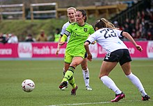 Zelem (centre) playing for Manchester United against Lewes in 2023. Lewes FC Women 1 Manchester Utd Women 3 FAC QF 19 03 2023-1972 (52759211762).jpg