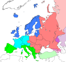 Avrupa'nın Birleşmiş Milletler tarafından oluşturulmuş bölgeleri: ██ Kuzey Avrupa ██ Batı Avrupa ██ Doğu Avrupa ██ Güney Avrupa