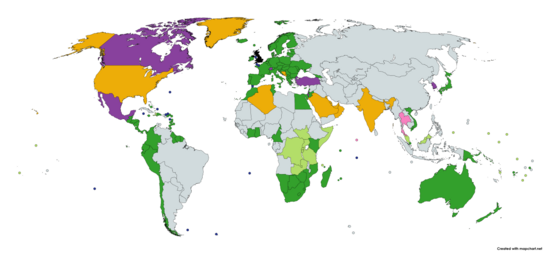 Free trade agreements of the United Kingdom
.mw-parser-output .legend{page-break-inside:avoid;break-inside:avoid-column}.mw-parser-output .legend-color{display:inline-block;min-width:1.25em;height:1.25em;line-height:1.25;margin:1px 0;text-align:center;border:1px solid black;background-color:transparent;color:black}.mw-parser-output .legend-text{}
United Kingdom
Crown Dependencies and Overseas Territories
Active agreements
Renegotiating active agreements
Agreement in principle
Negotiations ongoing Map of UK Free Trade Agreements.png