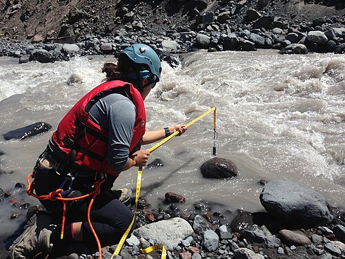 Measuring glacial sediment by Sam Altenberger. An undergraduate researcher at Pacific Lutheran University analyzes glacial stream depth and sediment content. (tie)