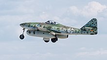 The Messerschmitt Me 262 was one of the fastest aircraft of WWII and the first mass produced aircraft to use jet engine technology. Messerschmitt Me 262 B1-A D-IMTT 501244 replica ILA Berlin 2016 02.jpg