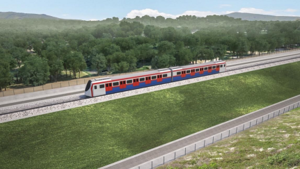 A conceptual art showing an embankment section on the Mindanao Railway's Tagum–Davao–Digos section, showing a 2-car version of MTR's SP1900 EMU for reference.