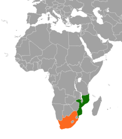 Карта с указанием местоположения Мозамбика и Южной Африки