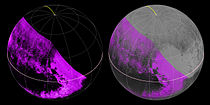 Map of methane ice abundance, which shows striking regional differences.[8] Stronger methane absorption indicated by the brighter purple colors here, and lower abundances shown in black.