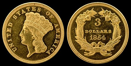 Longacre's design for the three-dollar piece (above) was adapted for the Types 2 and 3 gold dollar.