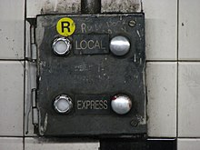 This is a punch box, used for signaling to a tower operator which line the train should use at a junction. This technology is no longer in use on the IRT (A Division); the signal system that allows countdown clocks also automates train identification and switching. NYCS BMT Broadway 34thSt Box.jpg