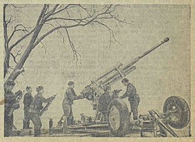 Орудийный расчёт батареи под командованием старшего лейтенанта Сулимова, сбивший два самолёта и уничтоживший три вражеских танка. Январь 1941 г. Орудие в "противотанковой" версии, без приборов ПУАЗО