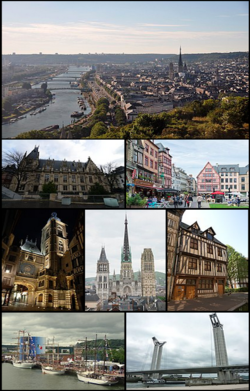 From left to right, top to bottom: partial view of the city and the Seine from Côte Sainte-Catherine; the courthouse; Place du Vieux-Marché; rue du Gros-Horloge, at night; Rouen Cathedral; the National Museum of Education; sailboats during the 2019 edition of the Armada; the Gustave-Flaubert Bridge.