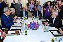 John Kerry and Mohammad Javad Zarif conduct a bilateral meeting in Vienna, Austria, 14 July 2014 Secretary Kerry, Iranian Foreign Minister Zarif Sit Down For Second Day of Nuclear Talks in Vienna.jpg
