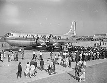 Boeing 377 of American Export Airlines, the first airline to offer landplane flights across the North Atlantic in October 1945. Stratocruiser op Schiphol, Bestanddeelnr 903-5913.jpg