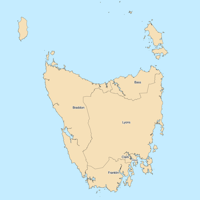 Map of Tasmania showing the five House of Assembly divisions