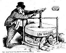 The condition of laboring man at Pullman. The employee is being squeezed by Pullman between high rent and low wages, July 7, 1894. The Condition of Laboring Man at Pullman 1894.jpg