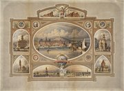 "The Hub" lithograph by Emil F. Ackermann of Langerfeldt paintings of Boston landmarks (1883)