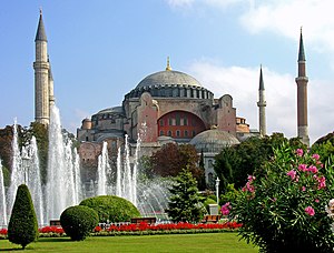 Turkey's most recognizable religious building, the Hagia Sophia. Now used as a mosque, this building was originally built in Constantinople in the 6th century by Emperor Justinian of the Byzantine Empire. Turkey-3019 - Hagia Sophia (2216460729).jpg