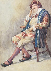 Watercolor of a man in 16th Century dress by Annie E. Anderson Walker