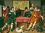 Willem Buytewech, Vrolijk gezelschap, ca. 1620, Museum Boijmans Van Beuningen, Rotterdam. Peeckelhaering is de oude man achter de tafel, die omhangen is met worstjes.