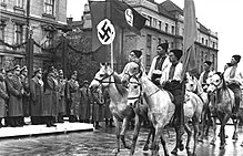 A parade of pro-German Ukrainians in Stanislaviv in 1943. Parad v Stanislave (Ivano-Frankovsk) v chest' vizita general-gubernatora Pol'shi reikhsliaitera Gansa Franka 1.jpeg