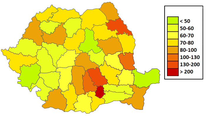 Плотность населения Румынии по жудецам