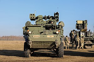 M-SHORAD 5-4-го зенитного ракетно-артиллерийского дивизиона 10-го командования ПВО-ПРО во время учений «Удар саблей 2022» в Польше. 24 февраля 2022.