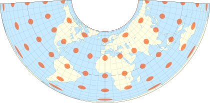 A projeção de Albers com indicadores visuais de deformação (indicatrix de Tissot), paralelos padrões 15°N e 45°N.