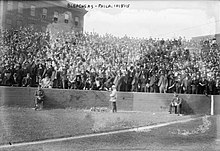 Philadelphia Ball Park's left field corner bleachers in 1915 Baker Bowl bleachers 1915.jpg