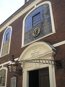 Bevis Marks Synagogue, the first synagogue of Spanish-Portuguese Jews, completed in 1701, oldest synagogue in the UK, was built by the first generation of readmitted Jews to England. Bevis Marks Synagogue P6110044.JPG