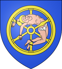 Blason montrant une roue sur laquelle un homme presque nu est attaché.