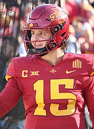 Brock Purdy was the third-youngest quarterback to start a Super Bowl. (Purdy pictured in 2021 with the Iowa State Cyclones) BrockPurdy2021 (cropped2).jpg