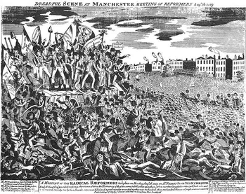 A contemporary depiction of the Peterloo Massacre which occurred on 16 August 1819 Dreadful Scene at Peterloo.png