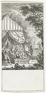 Graaf Ernst Casimir sneuvelt bij het beleg van Roermond, 2 juni 1632. De graaf op een bed voor zijn legertent 1722-84 Simon Fokke Rijksmuseum Amsterdam