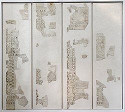 The remains of the Fasti Praenestini
, containing the months of January, March, April, and December and a portion of February. Fasti Praenestini Massimo n1.jpg